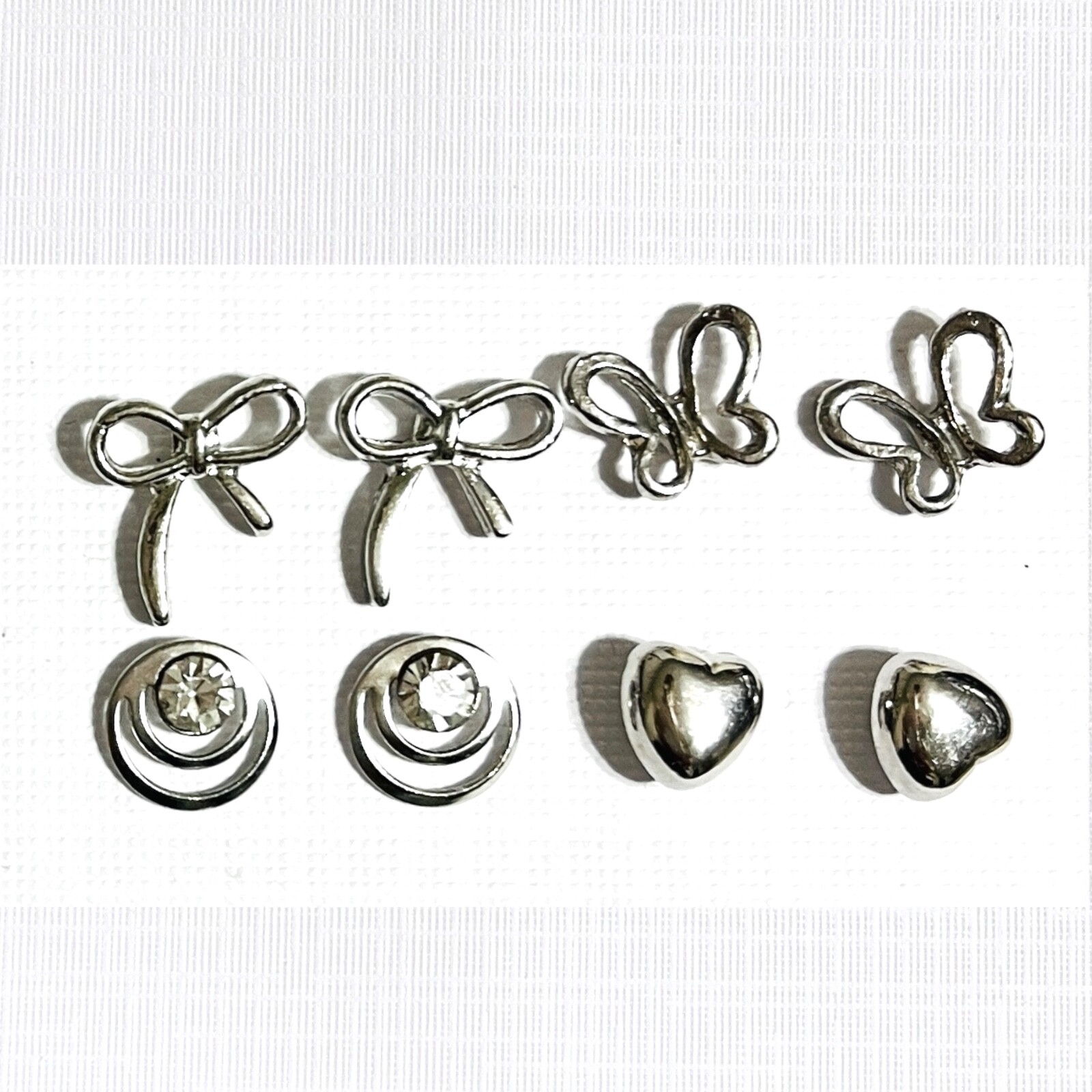 Vtg – Now Lot Silver Tone Pierced Earrings Studs 8 Pair Flower Bow Heart Retro