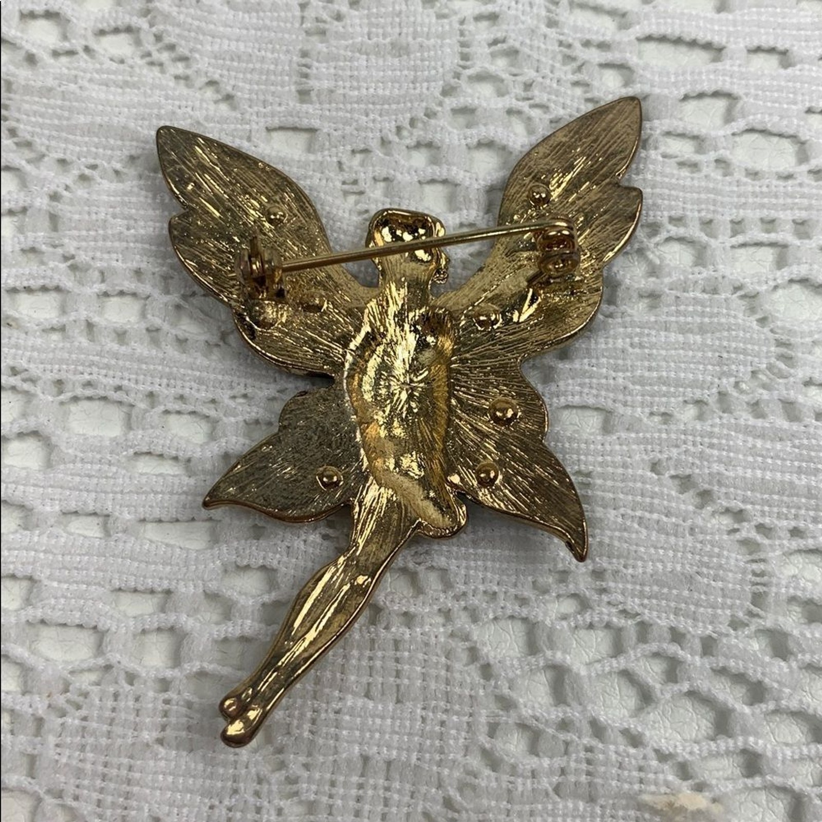 Vintage Gold and Pink Fairy Brooch Pin with gems