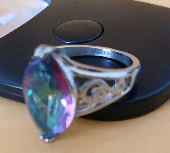 Stainless Steel Size 8 Mystic Fire Look Ring Marquise Shape Silver Scrollwork