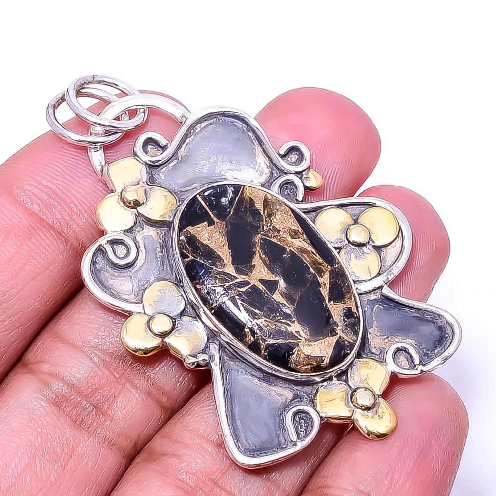 Copper Black Obsidian Oxidised Two Tone 925 Sterling Silver Pendant 2.15″ P25