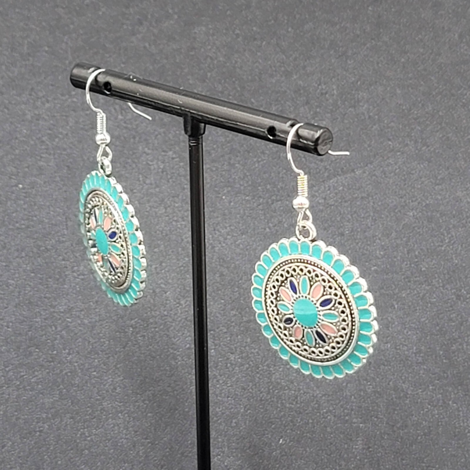 Pierced Earrings Silver tone Enamel Medallion Round Dangle Multicolor 1″
