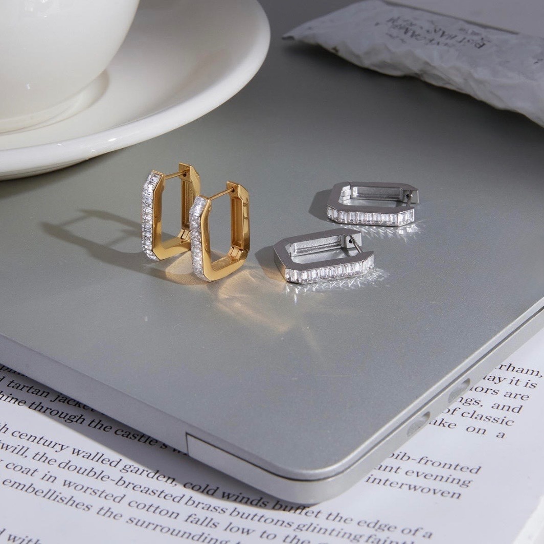 Stainless Steel Rectangle Huggie Hoop Earring Channel Set CZ Silver Gold