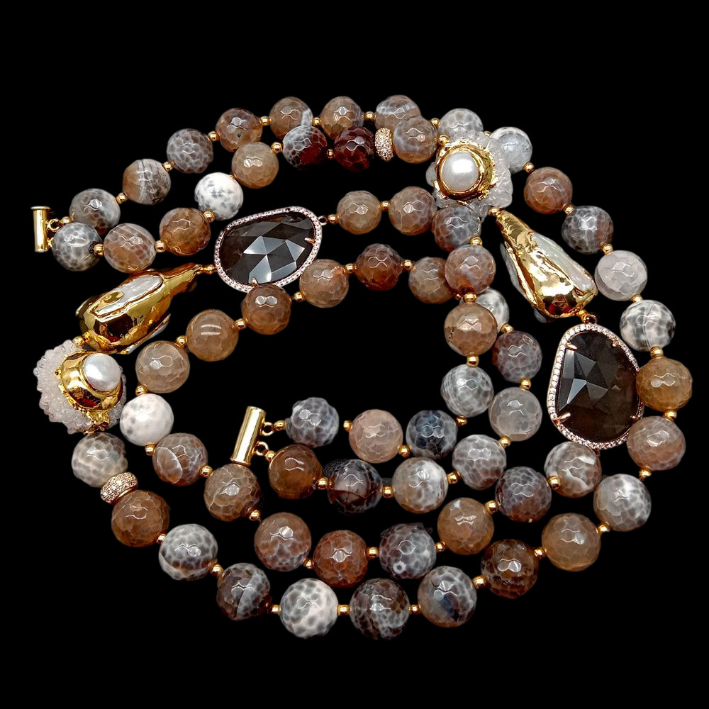 2 Strands Faceted Brown Agate Crystal Pearl Quartz Druzy Necklace 21″