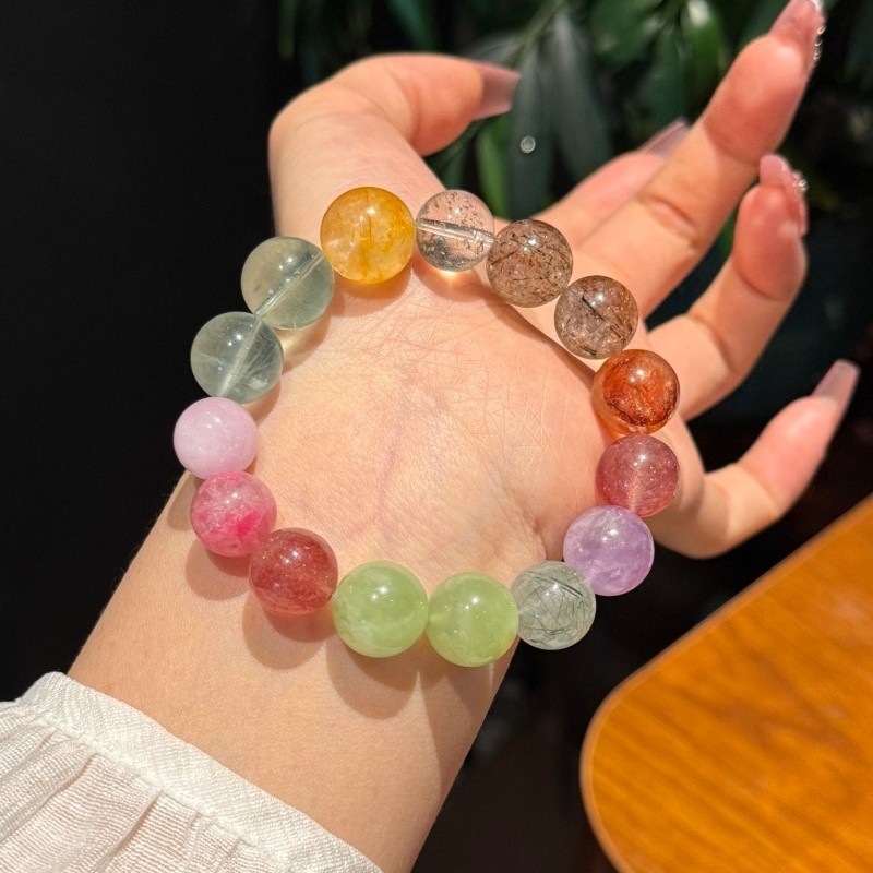 12/13mm Natural Green fluorite sprpentine jade rose quartz amethyst Bracelet