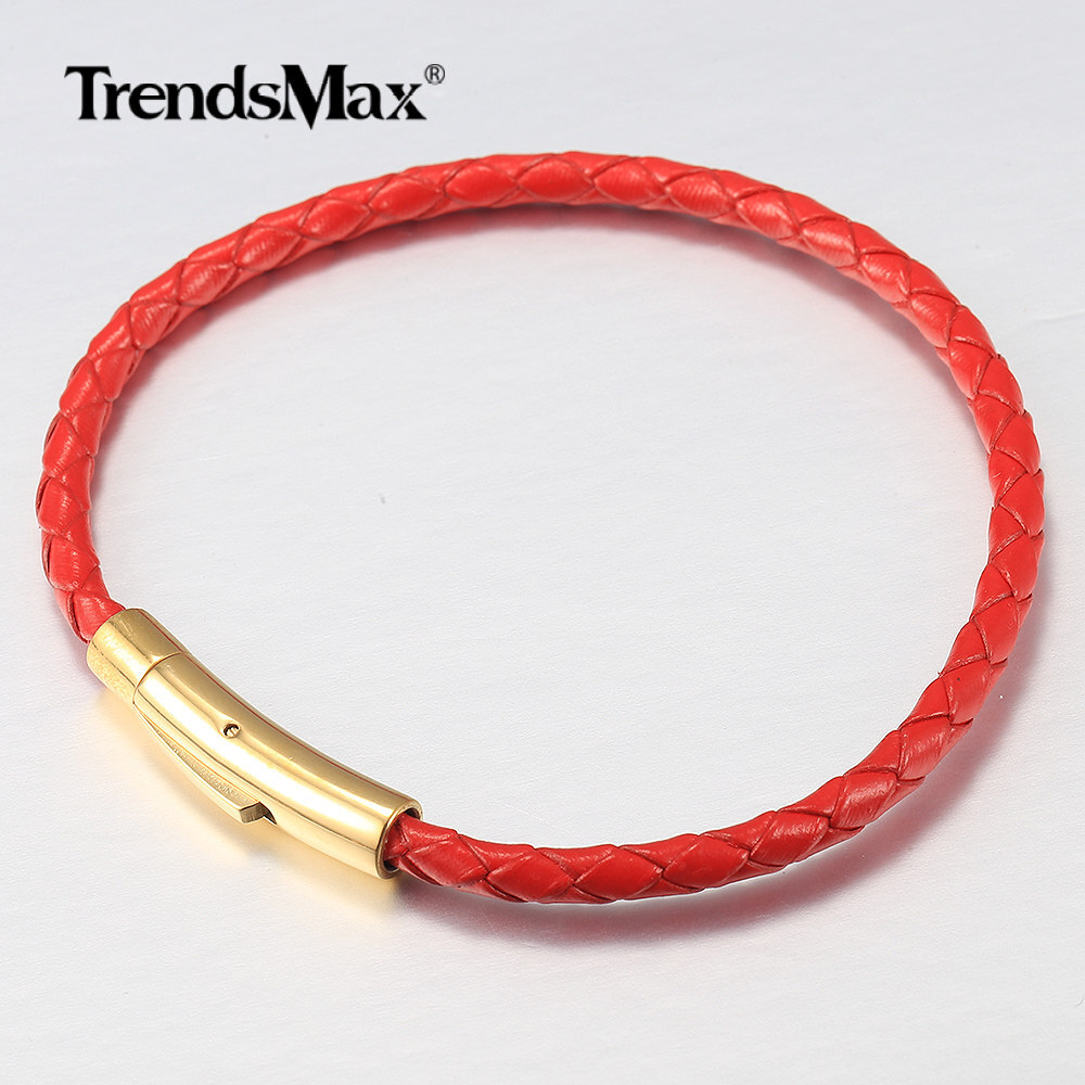 4/6mm Red/Brown/Black Braided Leather Rope Bracelet Stainless Steel Gold Clasp