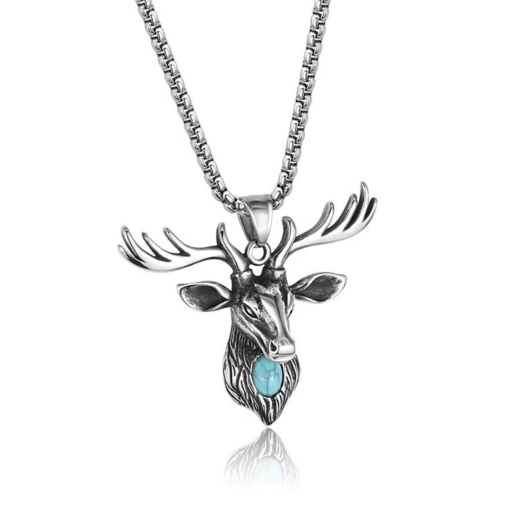 Mens Turquoise Deer Head Antler Pendant Necklace Animal Jewelry Box Chain 24″