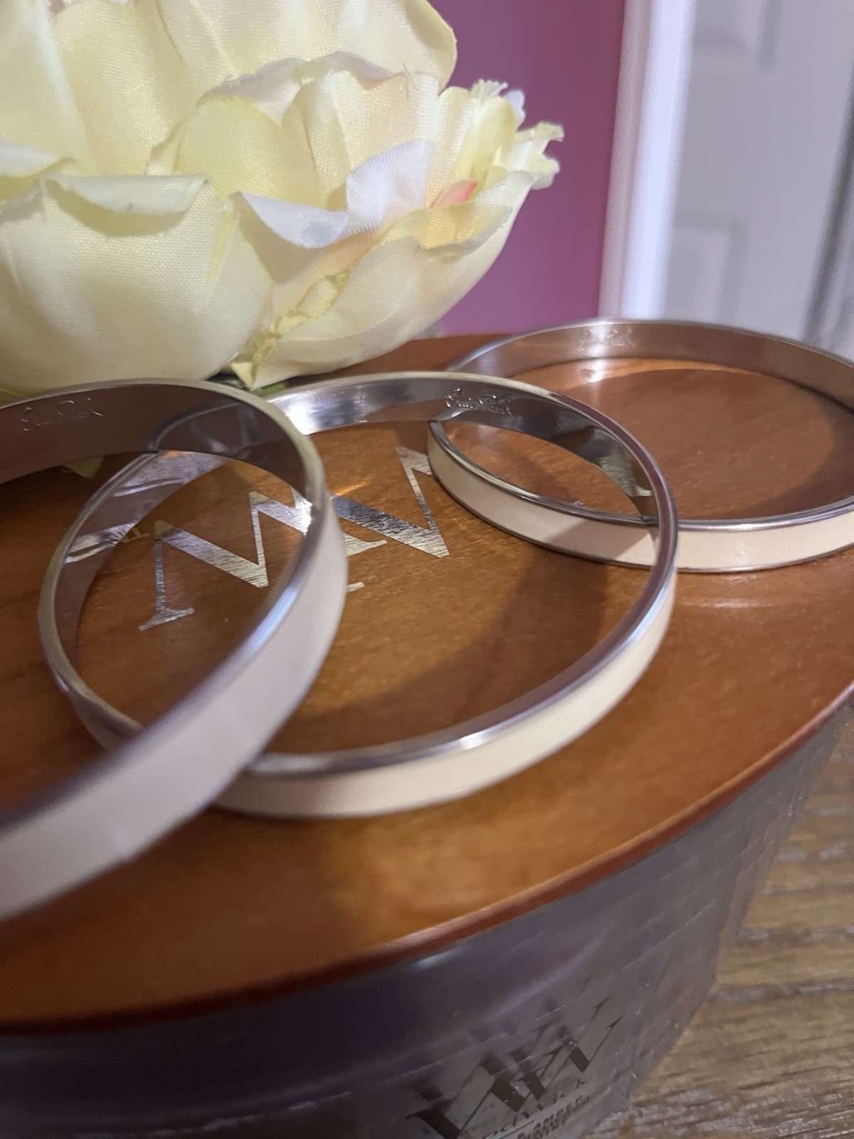 Erwin Pearl Set of 3 Silver & White Cream Enamel Stackable Bangle Bracelets