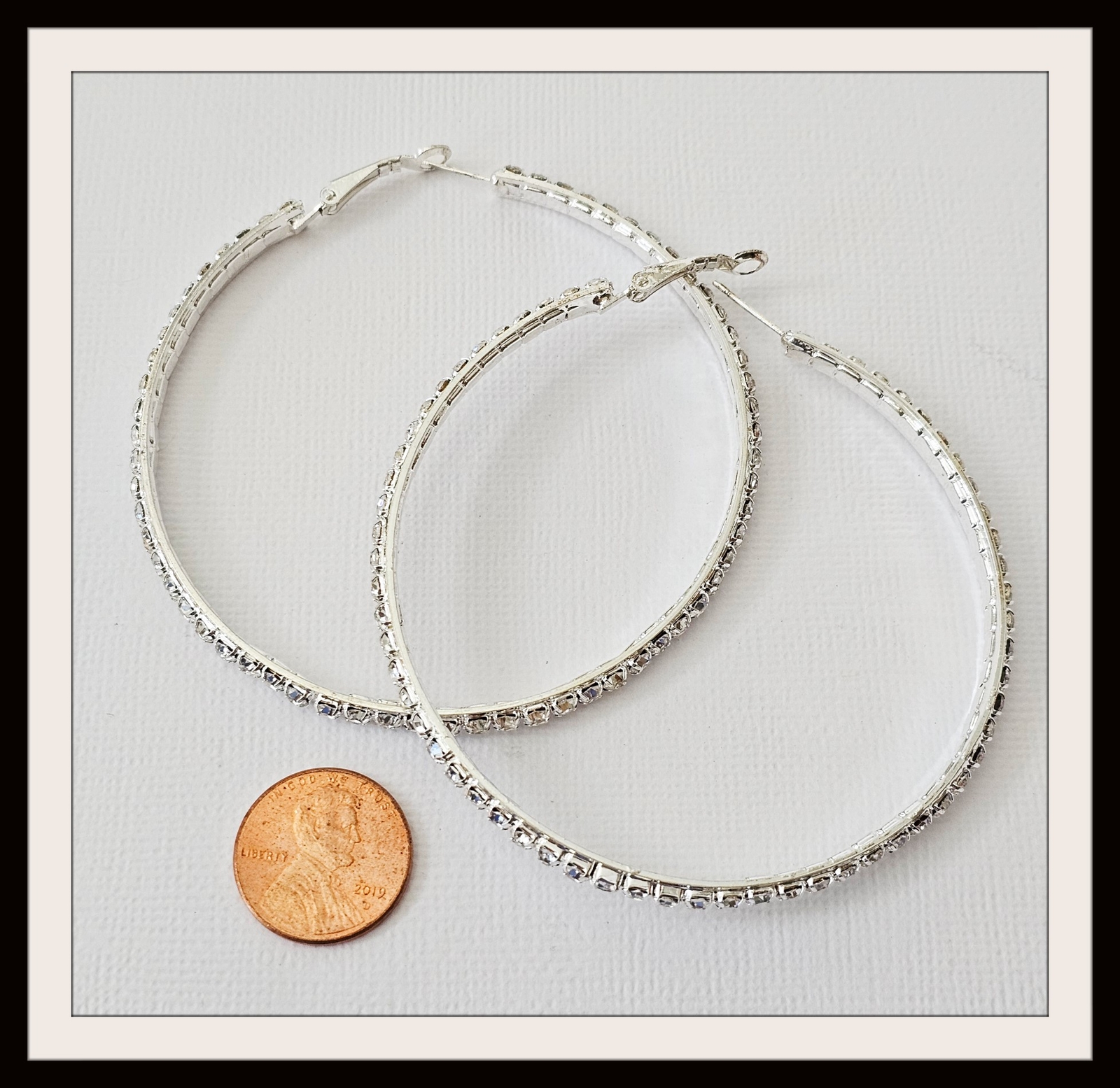 Clear Crystal Channel Set Hoop Earrings 2.5″ Diameter Hoops Single Line Silver
