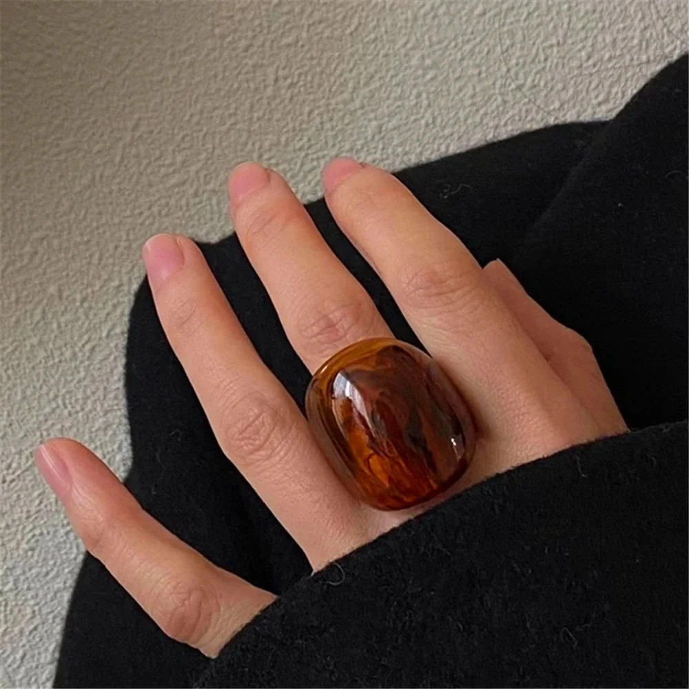 Resin Amber Geometric Wide Ring Women Classic Chunky Statement Party Jewelry