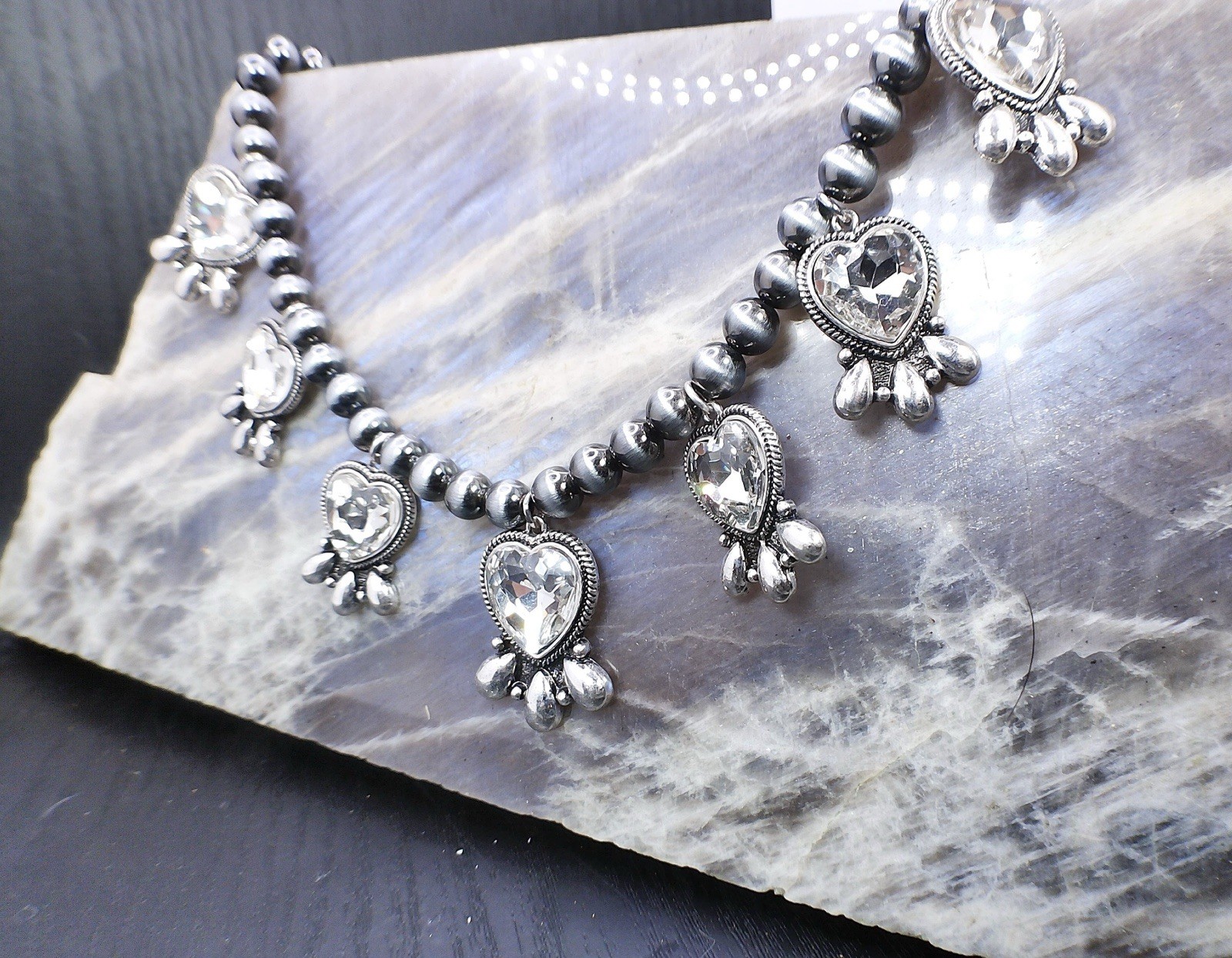 Western Clear Crystal Heart Necklace Navajo Pearl Style Cowgirl Statement Rodeo