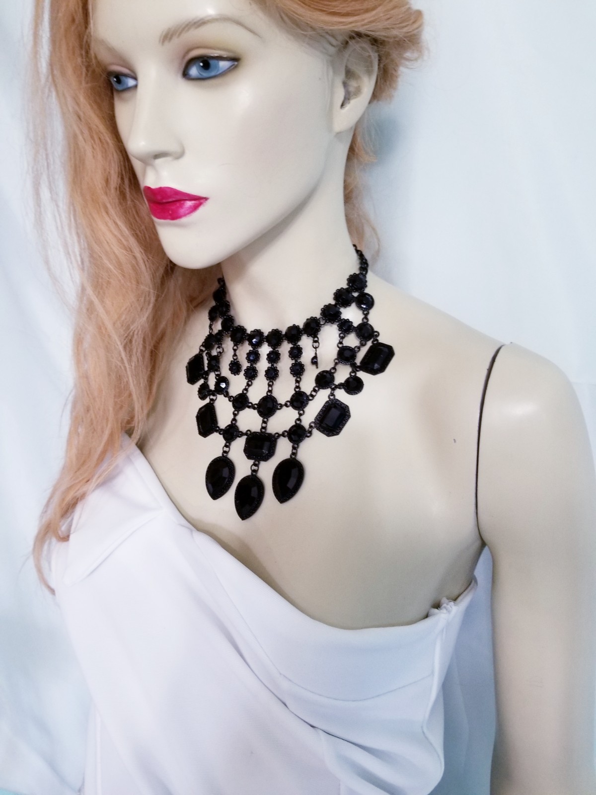 Black Statement Choker Rhinestone Resin Necklace Bridal Prom Pageant Gothic