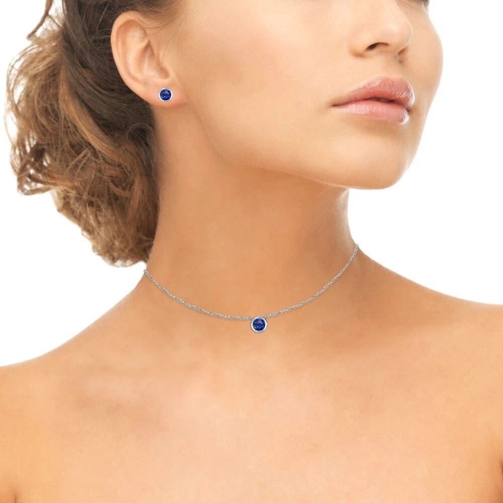 925 Silver Created Blue Sapphire 7mm Round Bezel-Set Necklace & Stud Earring Set
