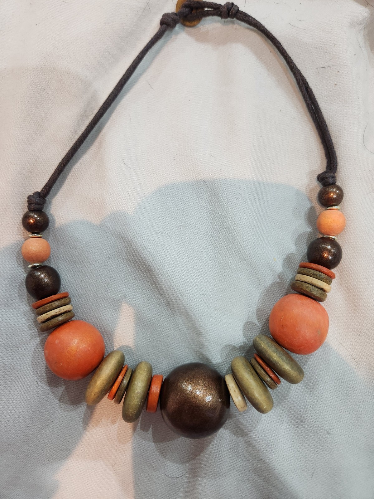 Boho Wooden Bead Statement Necklace Orange Brown Adjustable Cord Festival Style