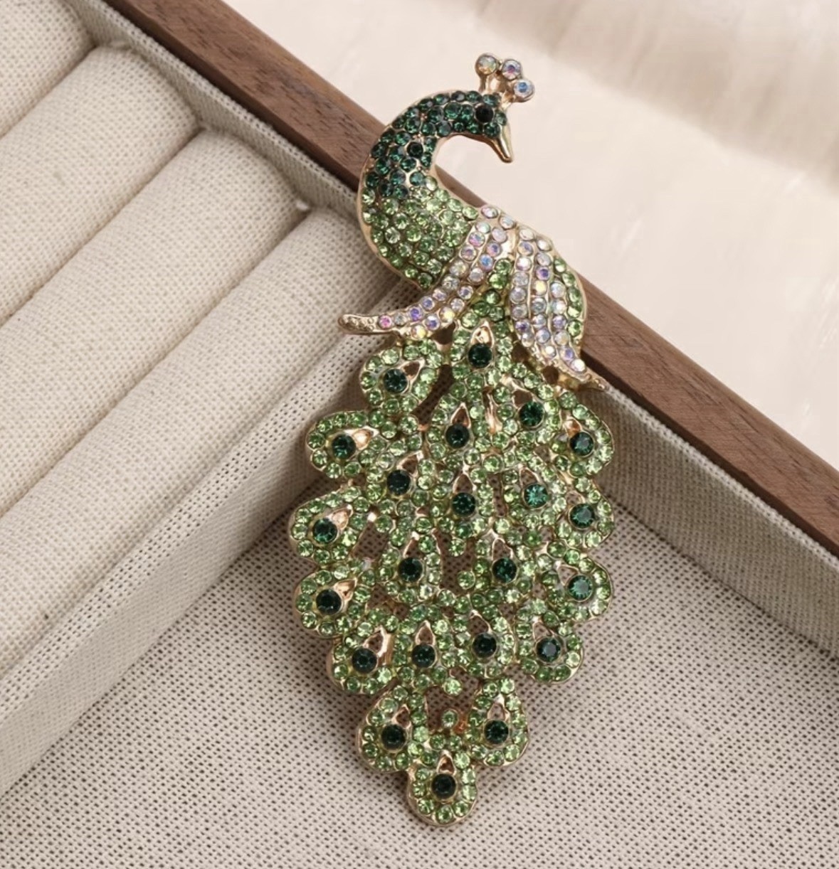 Peacock Green Rhinestone Brooch Pin Elegant Statement Jewelry