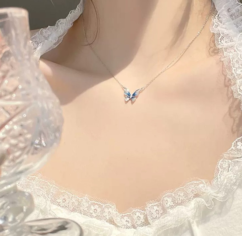 18K White Gold Plated CZ Blue Enamel Butterfly Silver Necklace Choker I41