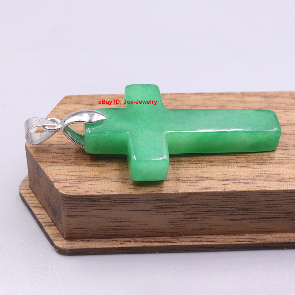 New Arrival White Alloy Heated Green Jade Cross Pendant 1.45inch H GIFT