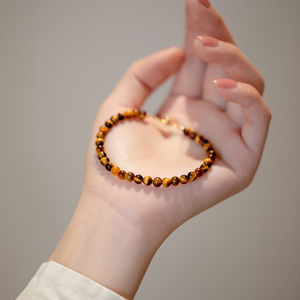 Natural 4mm Tiger’s Eye Stone Beaded Bracelet Brown Gemstone Bracelet Handmade