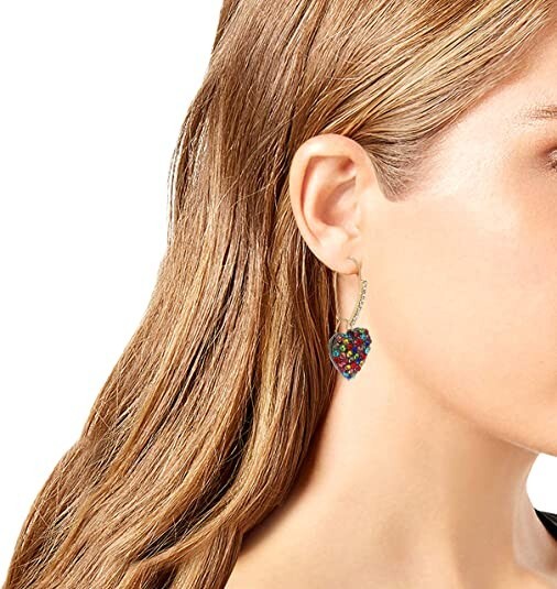 Betsey Johnson Stone Heart Dangle Earrings Rainbow Pave Stones Crystal Accents