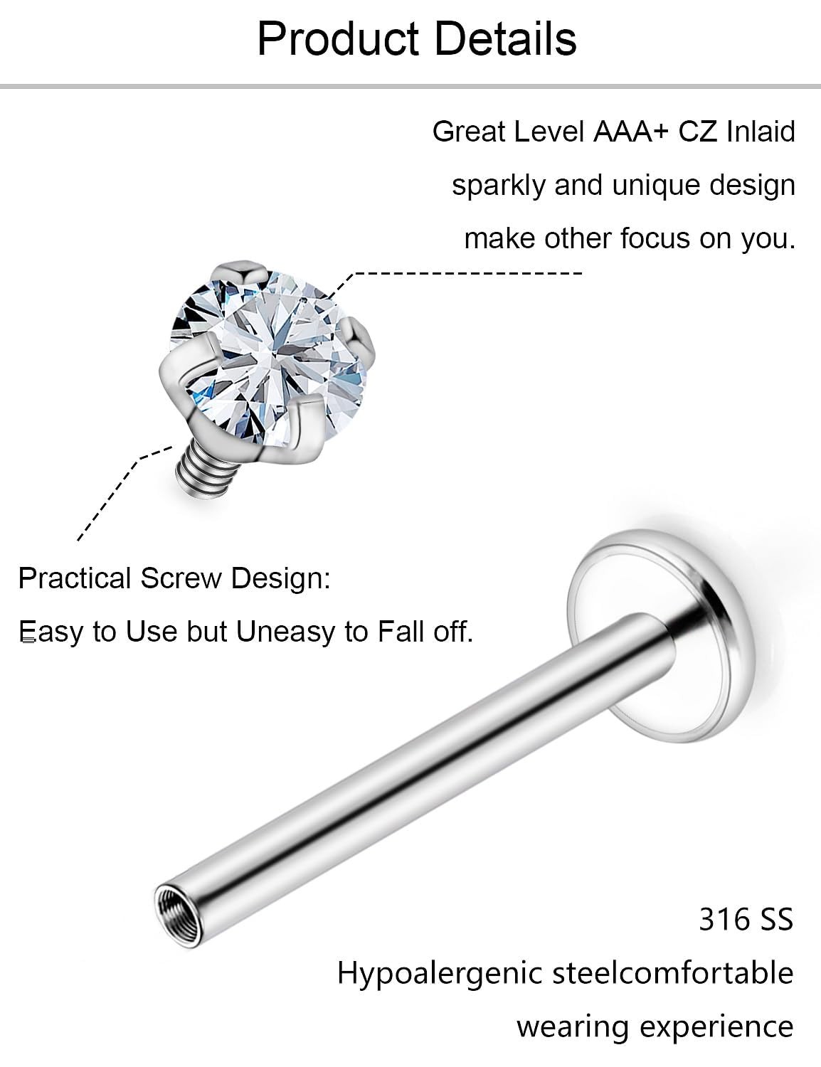 Msndnkwo Medusa 6mm, 8mm, 10mm, 12mm, Silver 16G Studs Piercing Jewelry