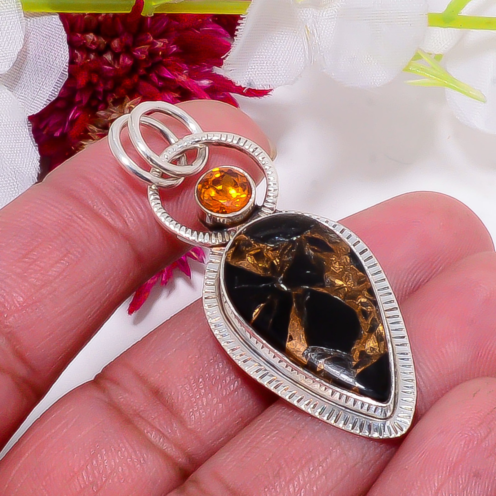 Copper Black Obsidian & Golden Quartz 925 Sterling Silver Pendant 2.03″ sku10