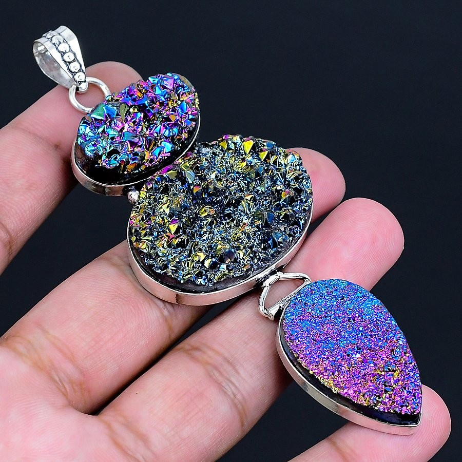 Titanium Druzy 925 Silver Plated Handmade Pendant of 3.82″