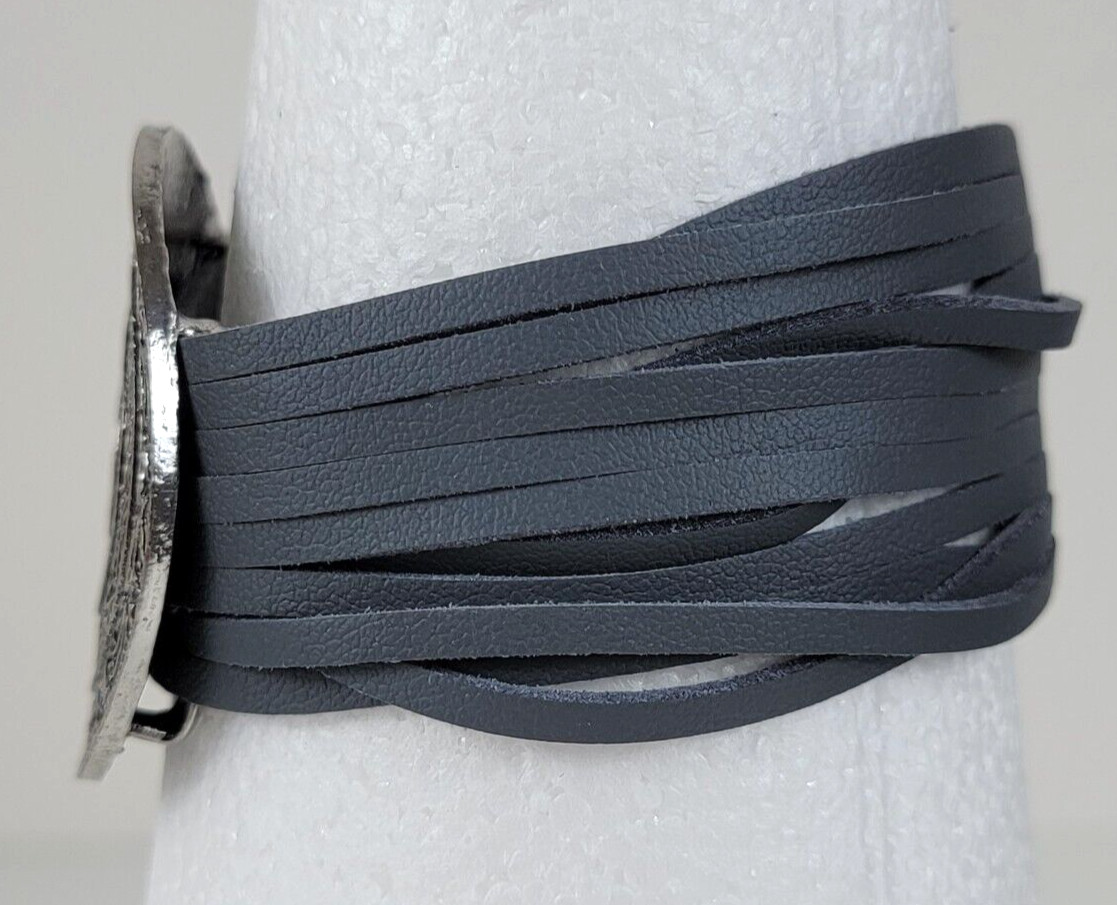 Gunmetal Tone Medallion Charm Gray Leather Cuff Bracelet 7.5-8.5 In