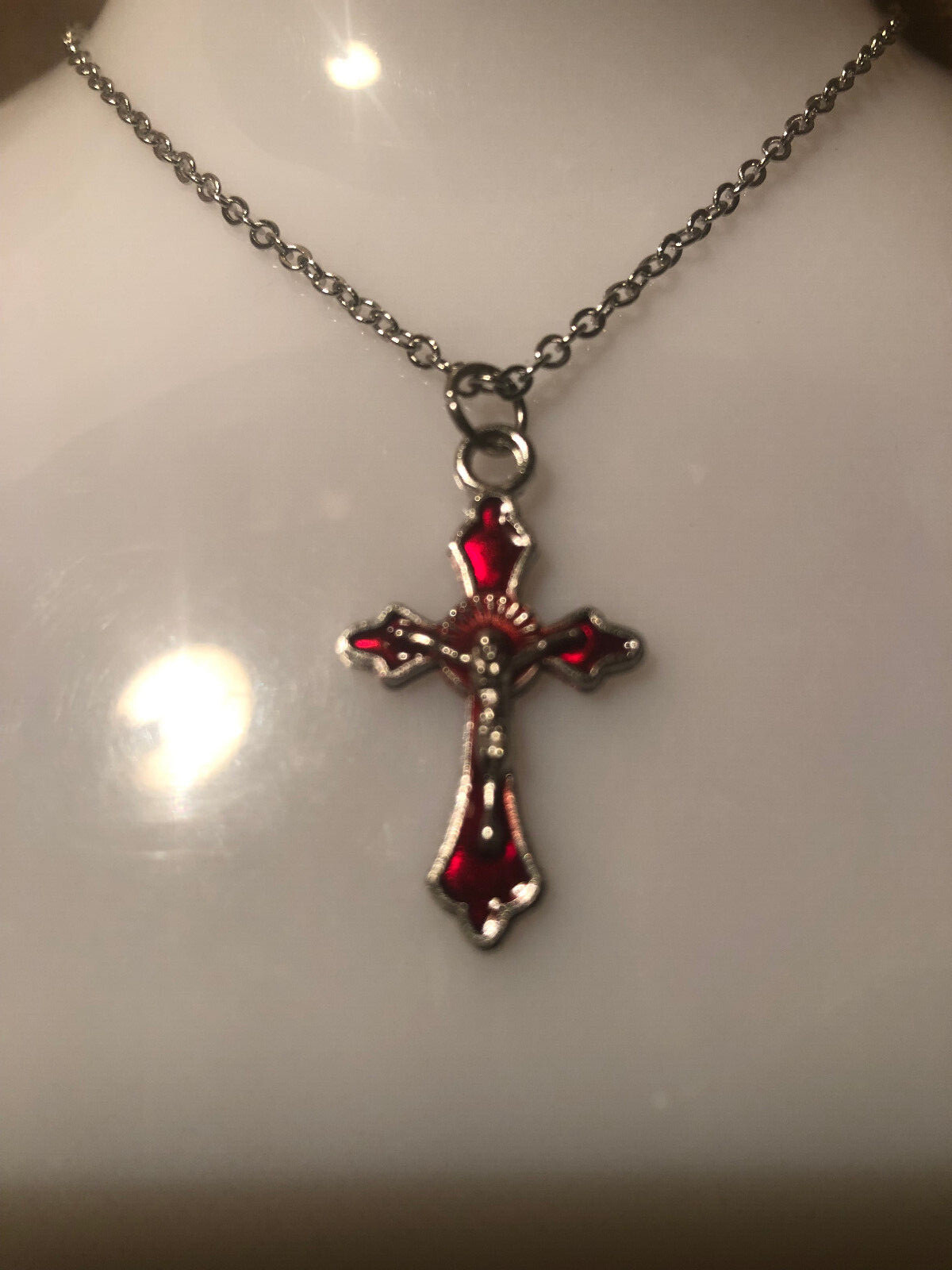 18 Inch Chain, Cross Necklace, Red  Crucifix,  Pendant, Men Woman religious 