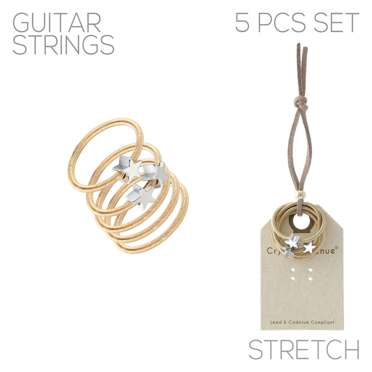 Guitar String Ring Stretch Star Charm in Silver or Gold Color