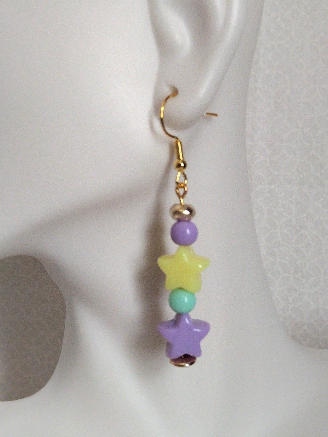 Handmade Purple and Yellow Star Bead Drop Stick Earrings Gold Tone Celestial
