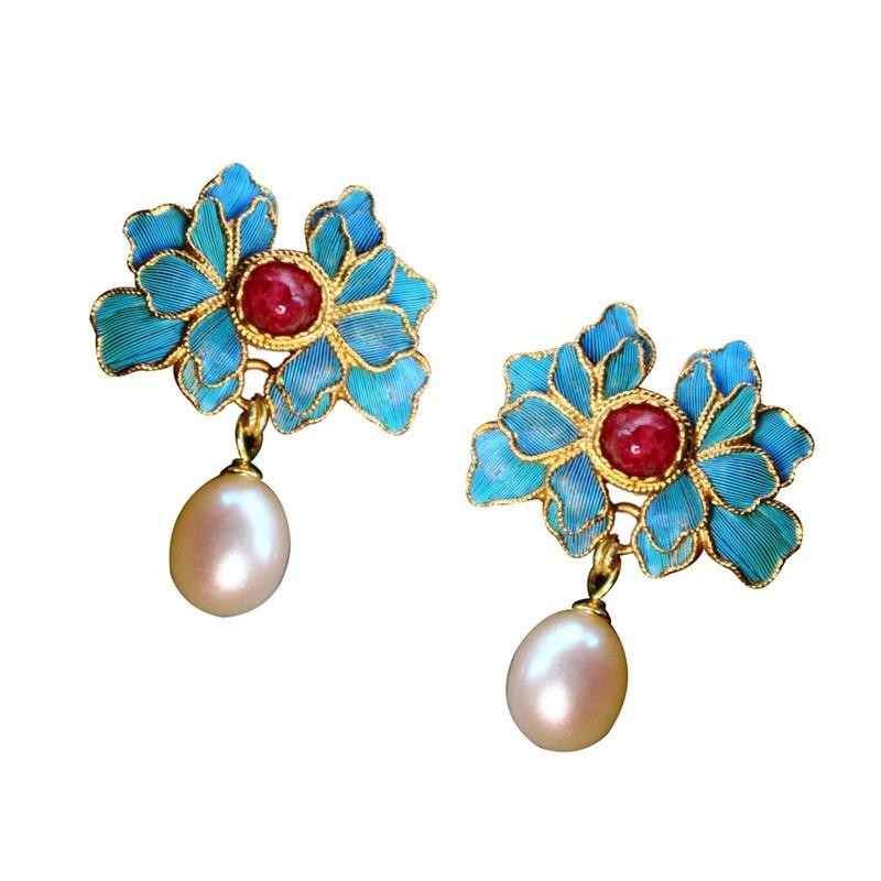 Enamel Peony Earrings Retro Style Drop Dangle Jewelry Chinese Hanfu Accessory