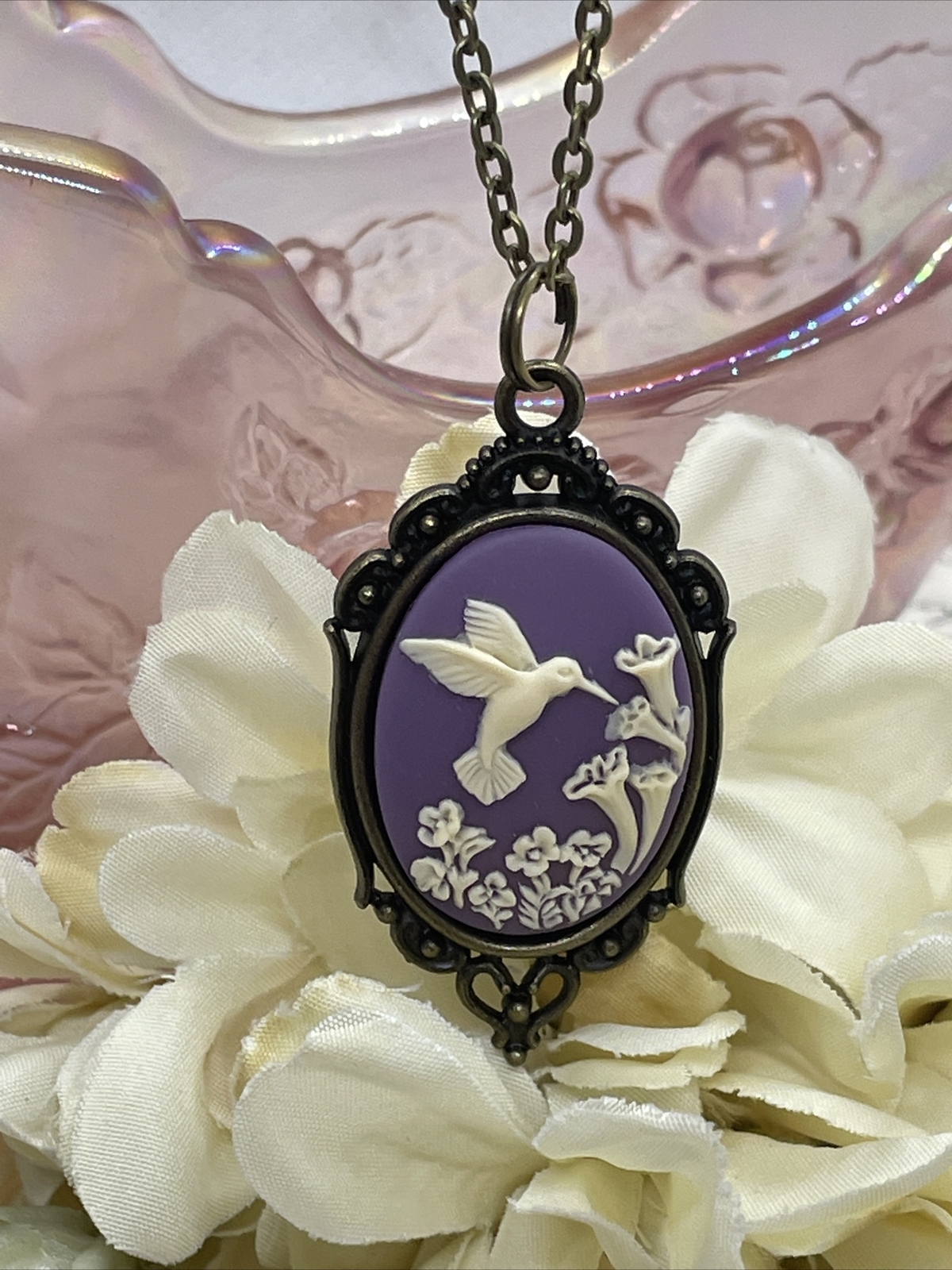 Purple Bronze Hummingbird Necklace Pendant Cameo Mom Daughter Birthday wedding