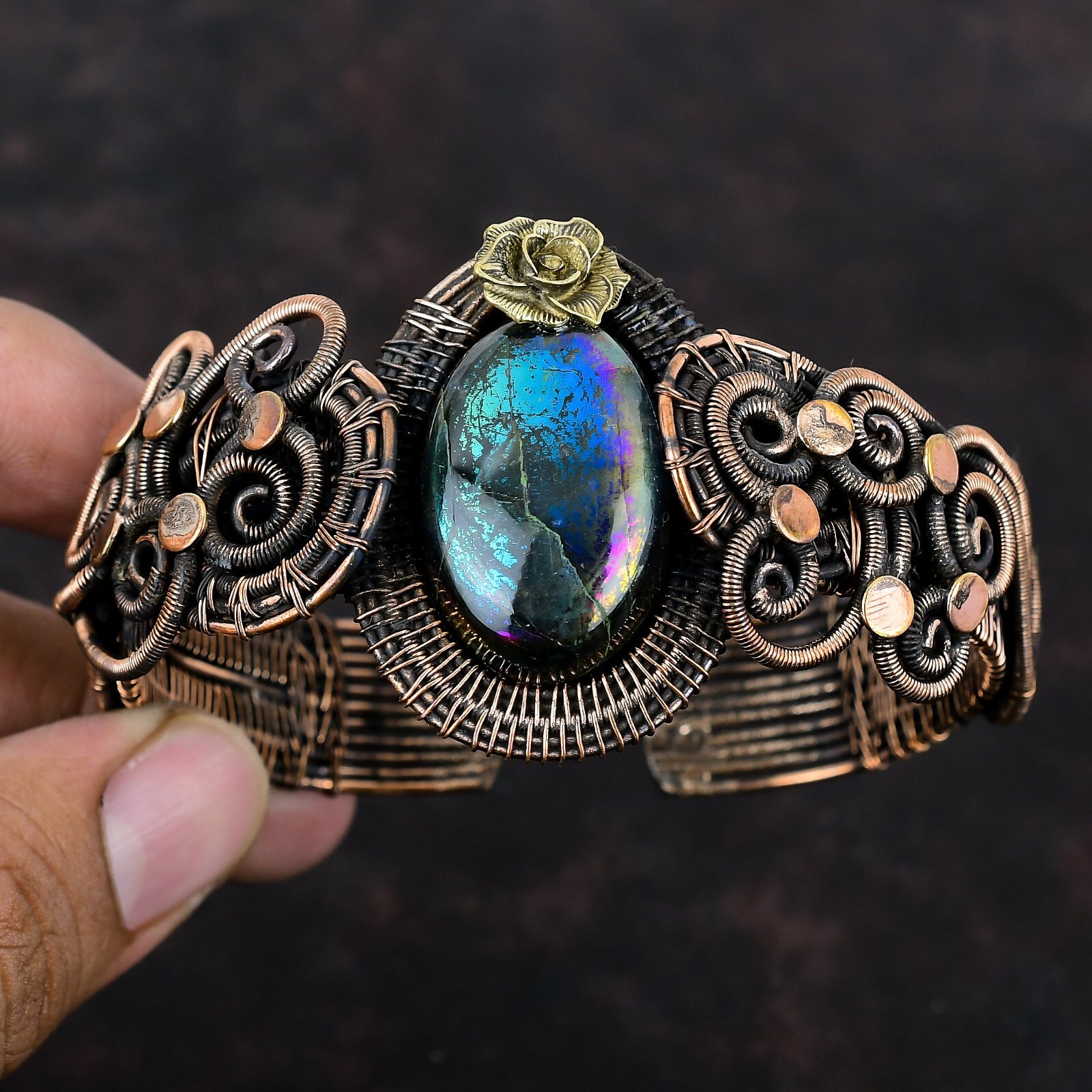 Gift For Her Mystic Fire Labradorite Wire Wrapped Flower Adjustable Cuff Copper