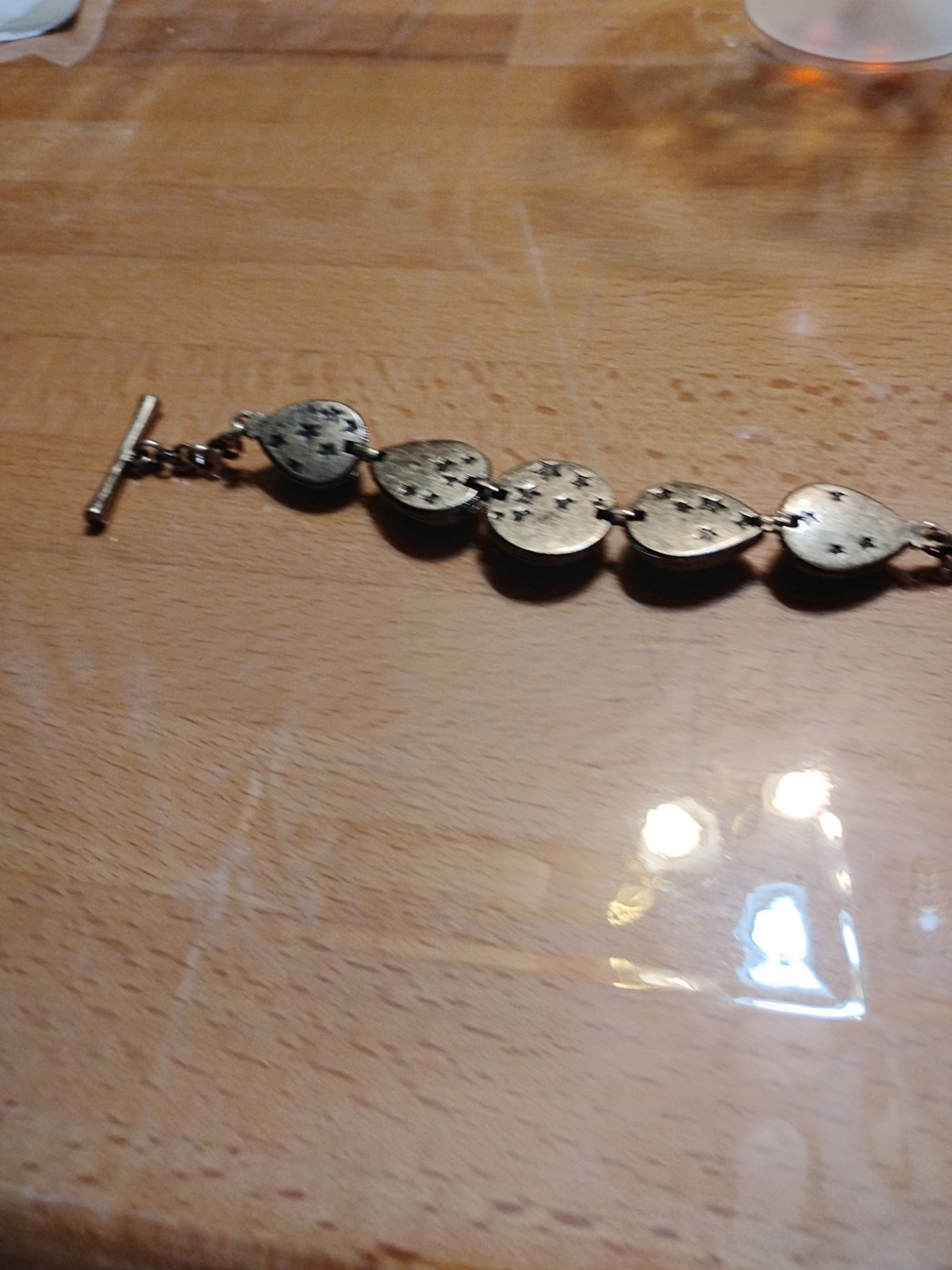 Lucky Brand Green Cabochon Beaded Stone Antiqued Brass Toggle Chain Bracelet