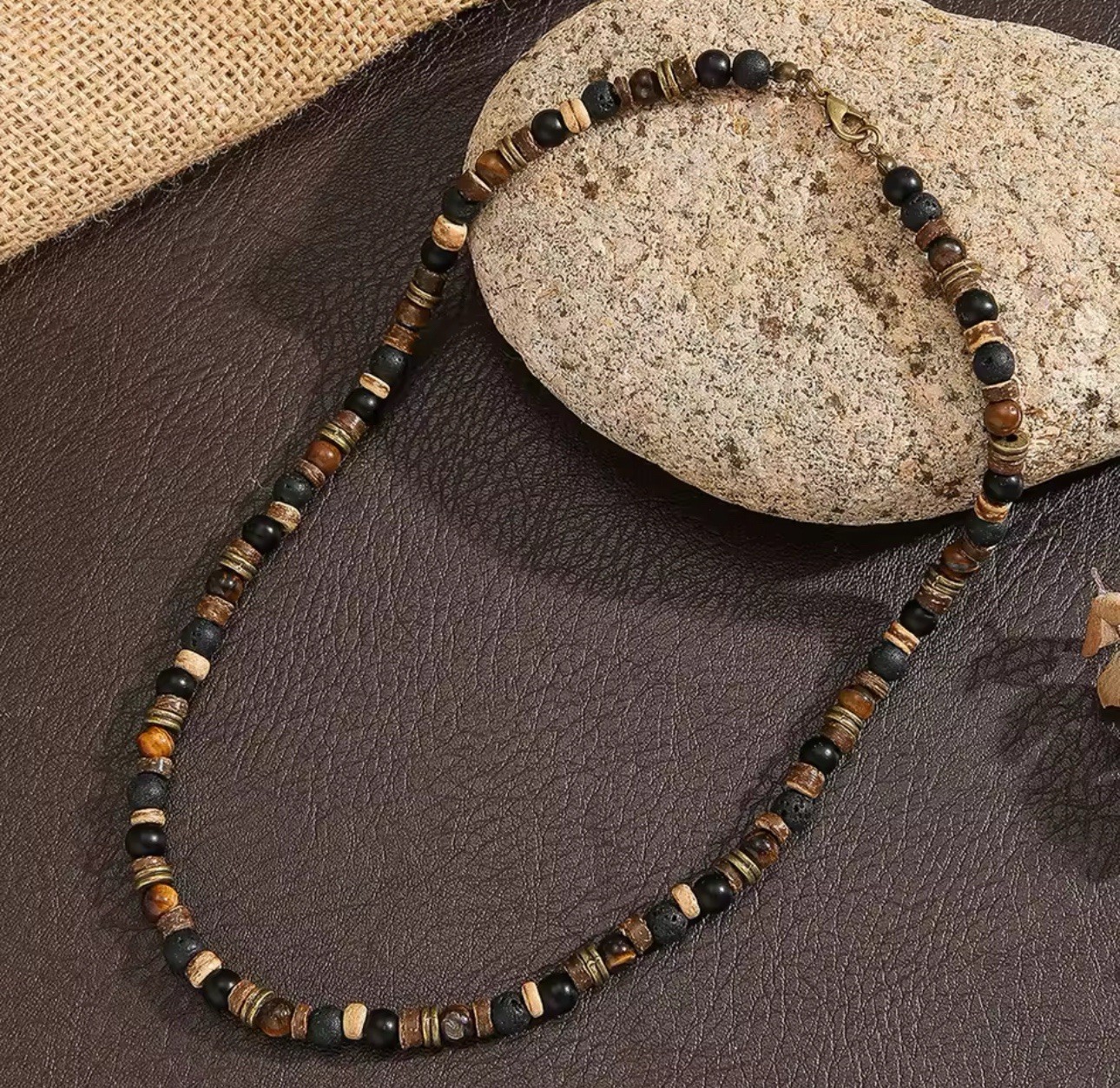 Mens Boho Necklace Tiger Eye Lava Stone Wood Beads Surfer Handmade Choker