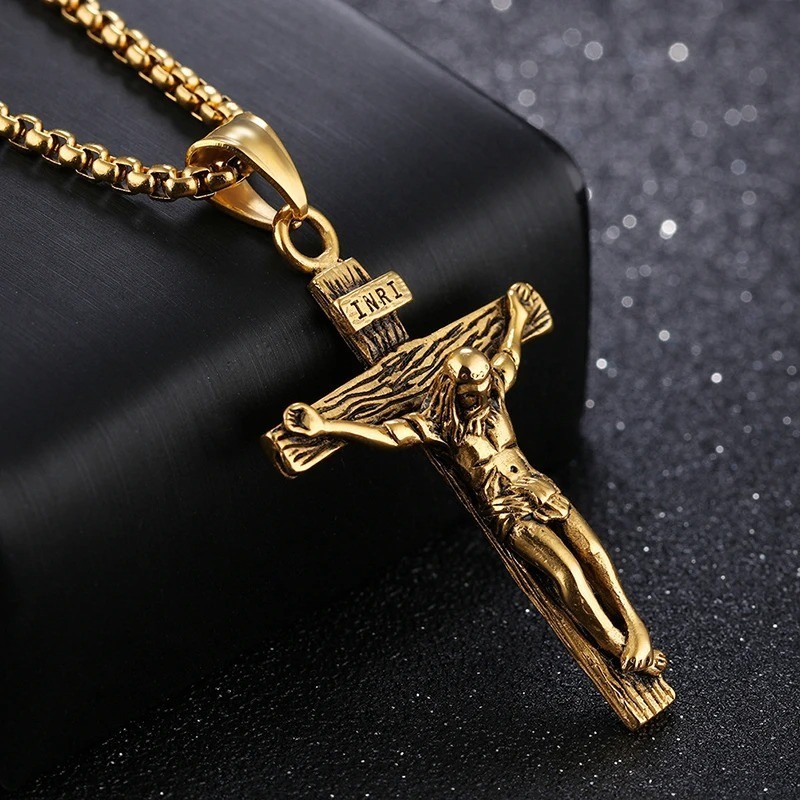 Religious Jesus Cross Stainless Steel Necklace For Men Fashion Gold Silver Color