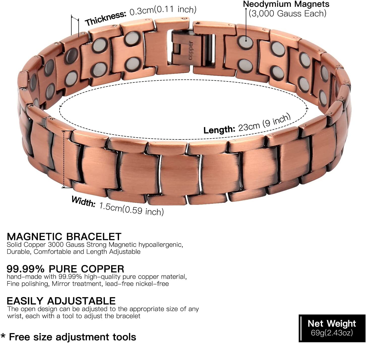 1/2x Men’s Bracelet Magnetic Therapy Arthritis Pain Relief Pure Copper Bangle US
