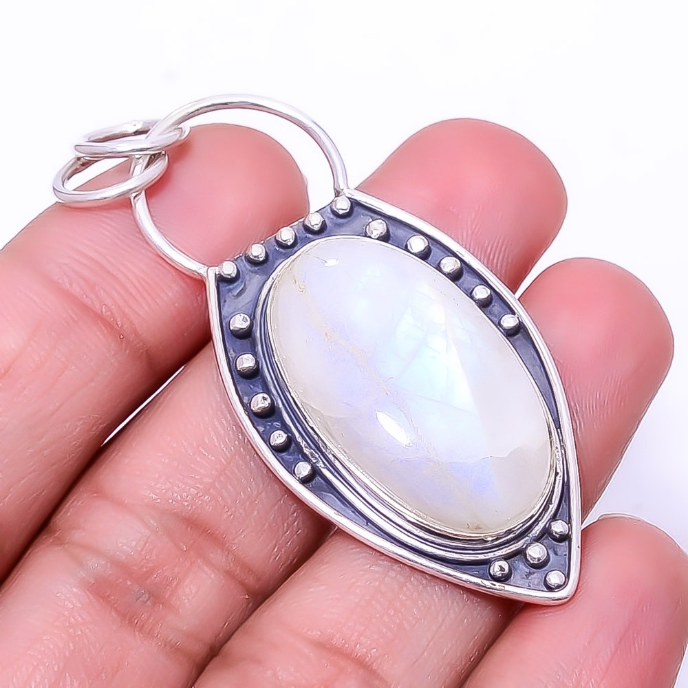 Rainbow Moonstone – India Designer Handmade 925 Sterling Silver Pendant 2.15″P30