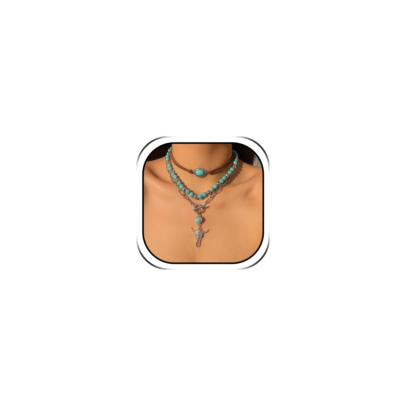 Western Cowgirl Turquoise Layered Necklace for Women Rodeo Chic Jewelry Gift