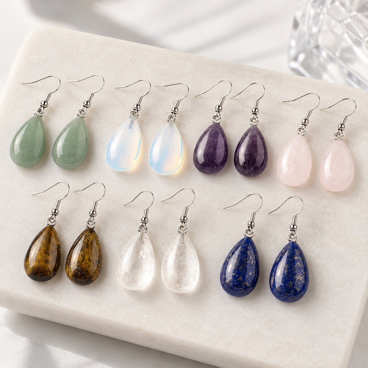 Dangle Drop Earrings Crystal Gemstone Silver Teardrop 1.61 in Amethyst Opal E81