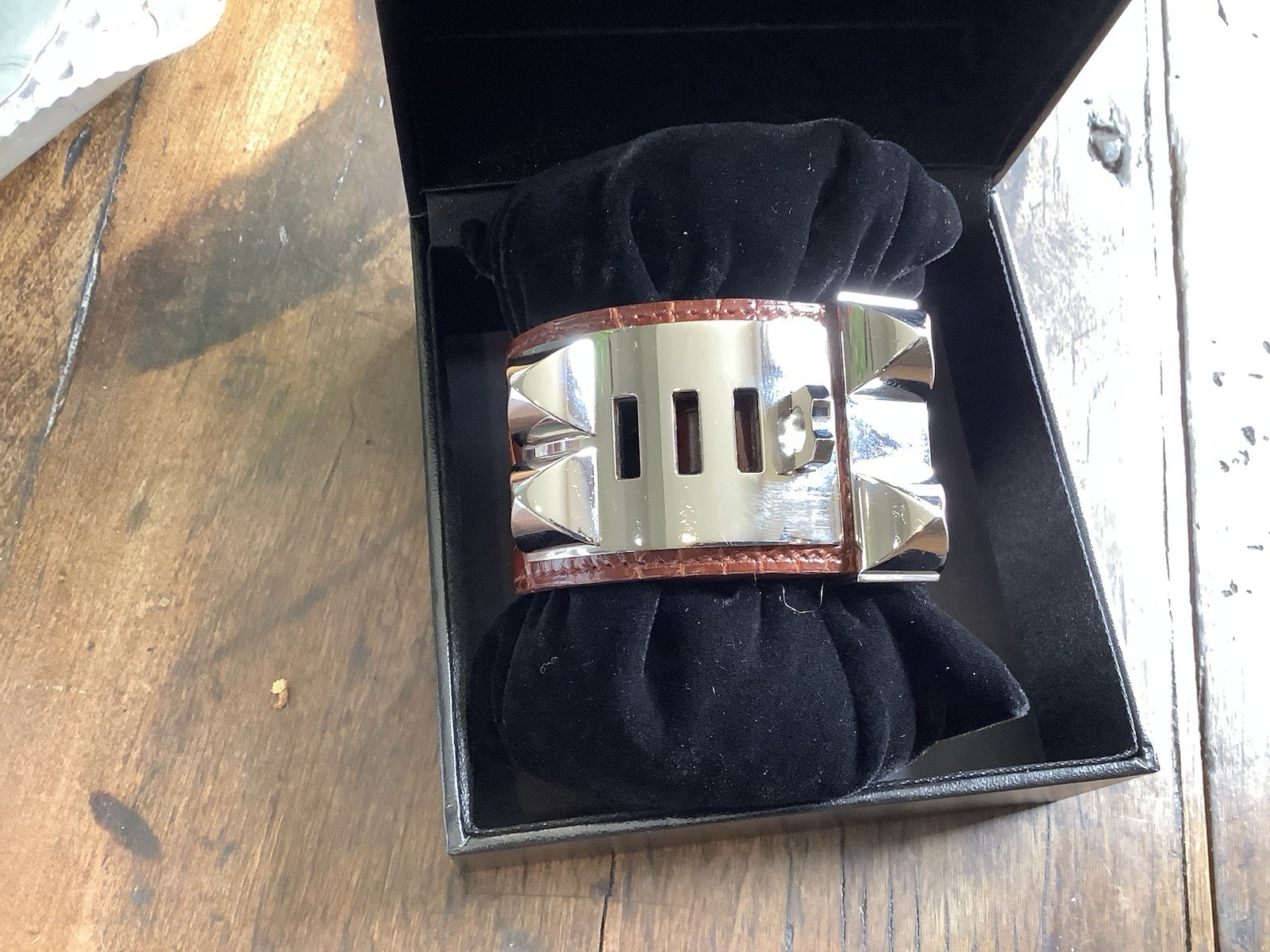 Hermes Silver Brown Leather Alligator Collier De Chien Adjustable Bracelet