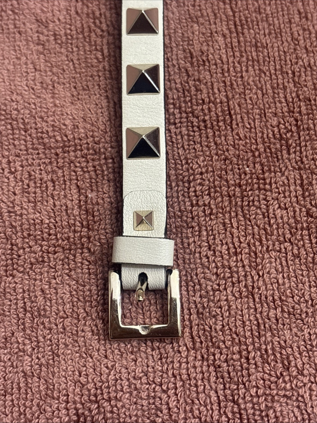 Valentino Silver Gold Rockstud Leather Bracelet Cream Beige
