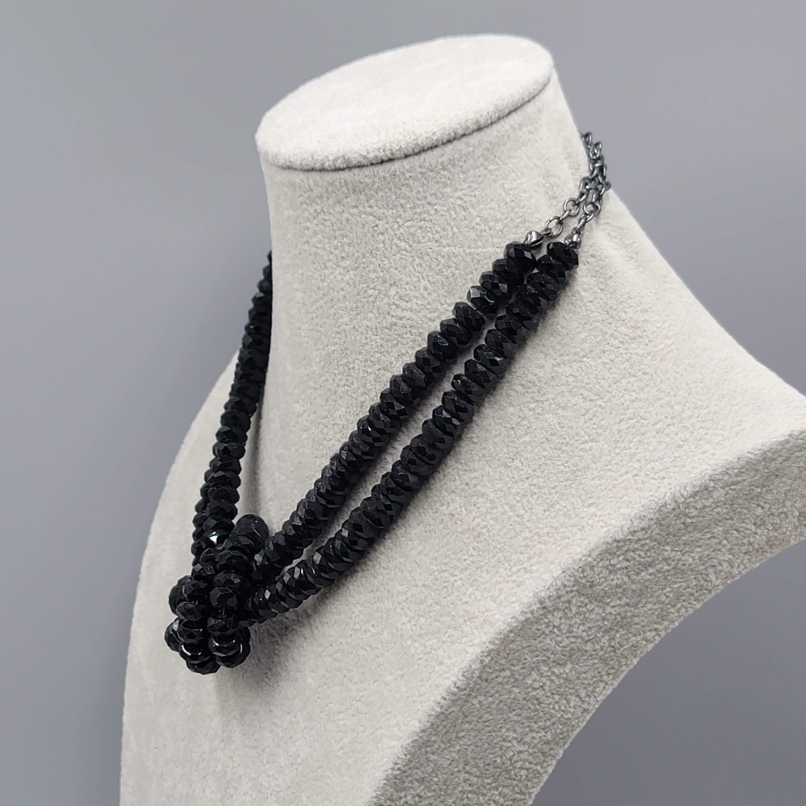 Statement Black Glass Beaded Knot Necklace Gunmetal Gray 18″ adj