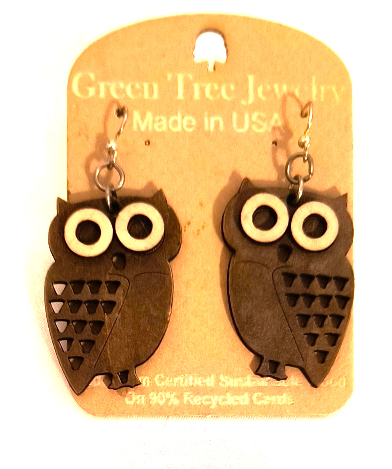 New with Tags Green Tea Jewelry Earrings Laser Cut Brown/Beige Owls Hook Closure