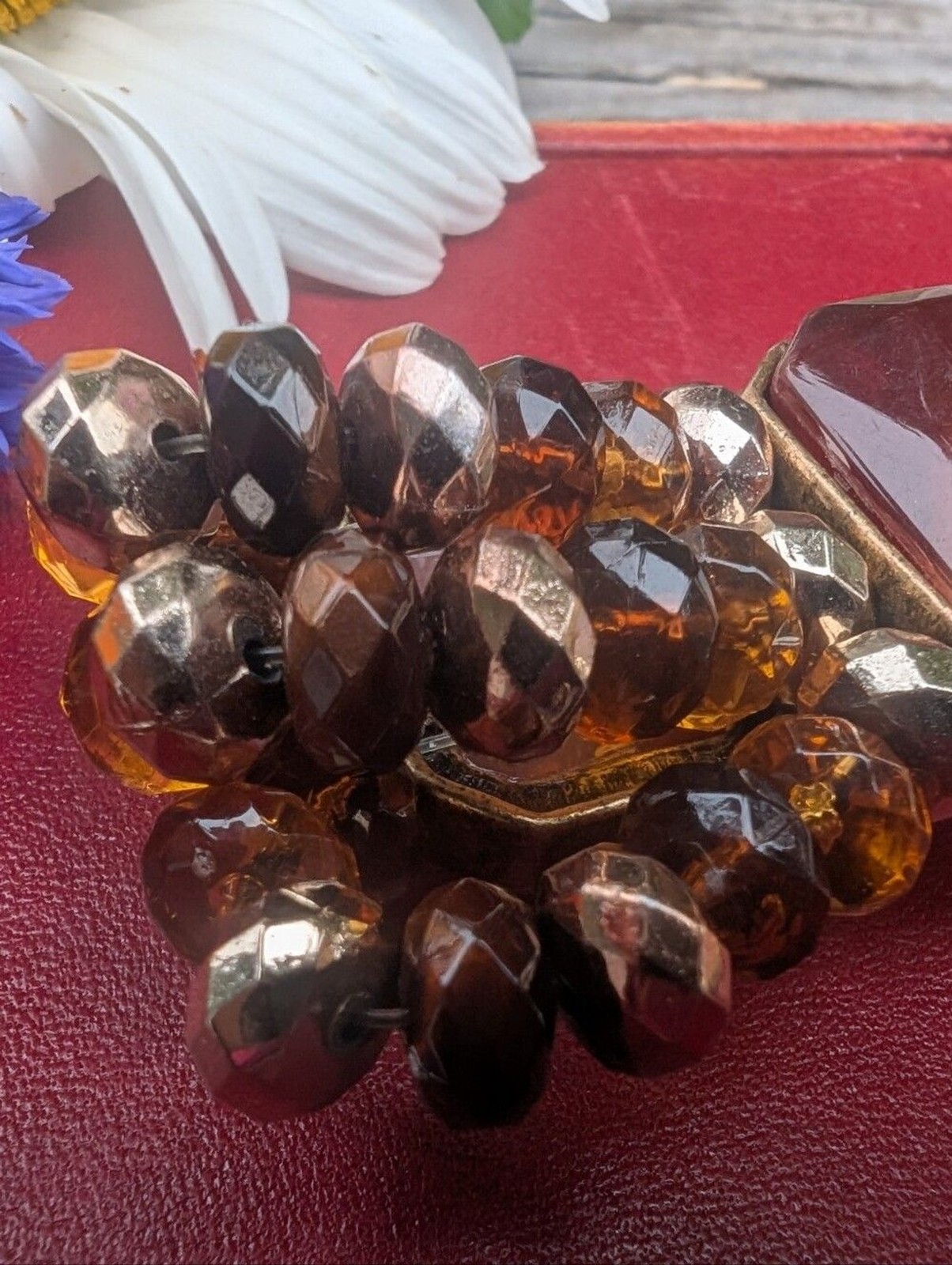 Cookie Lee Amber and Brown Faceted Bead Stretch Bracelet with Center Stone