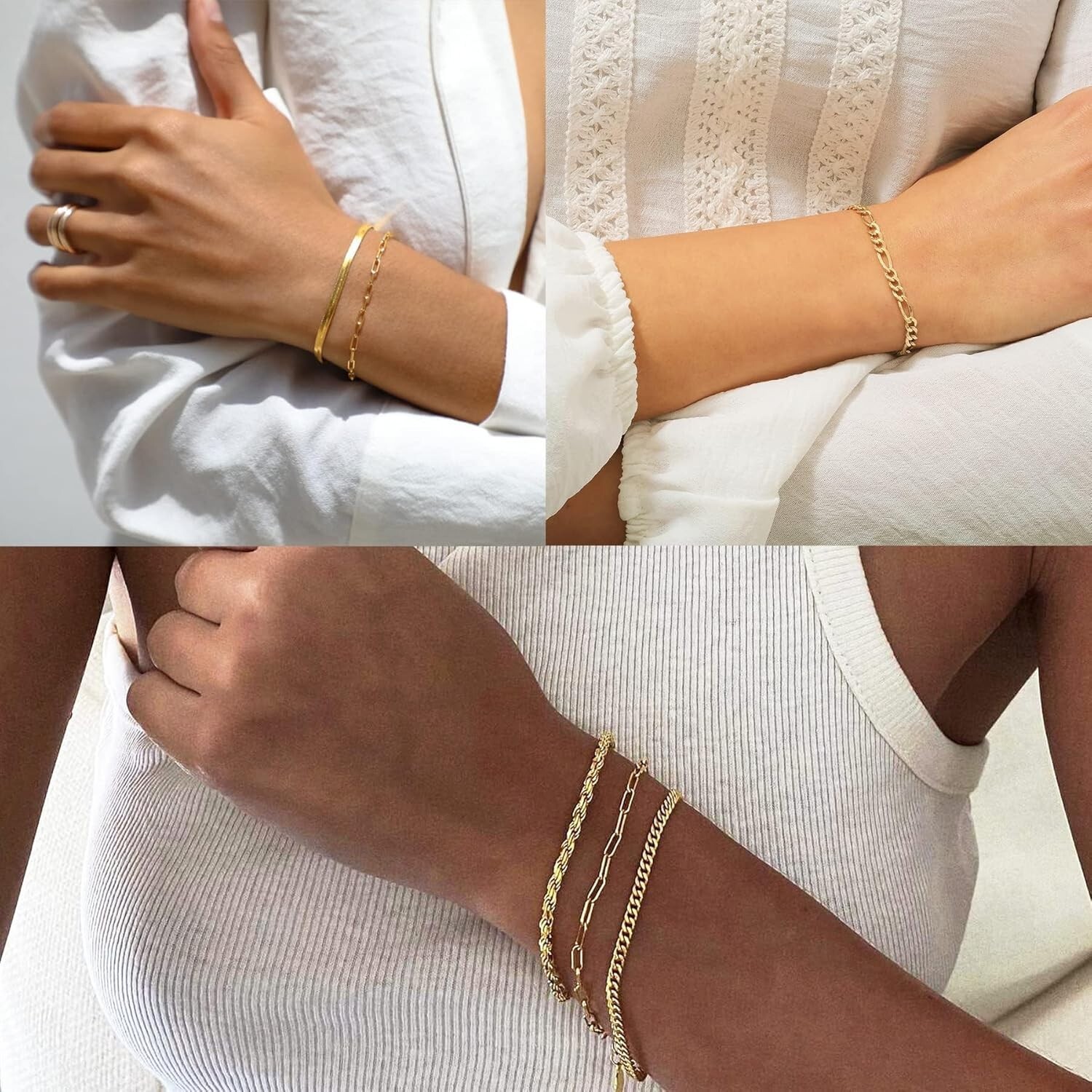 Gold Bracelets for Women Waterproof, 14K Real Gold Jewelry Sets for Women Tre…