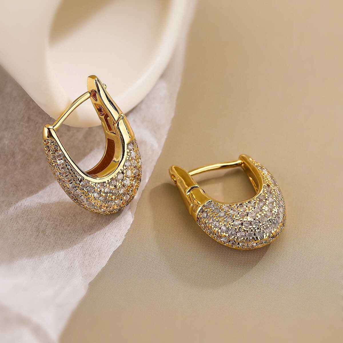 Womens 18K Gold Plated Multicolor CZ U Shape Hoop Huggie Earrings Anti-tarnish