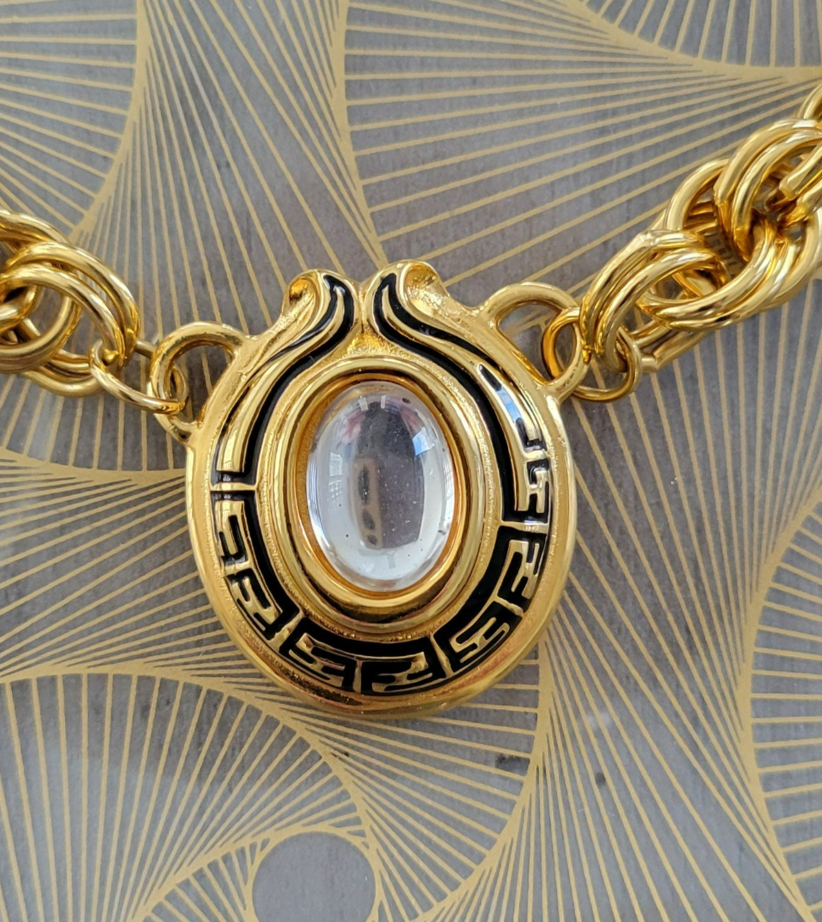MINT Fendi Gold Plate Logo Necklace Milky Quartz Gripoix/Clip Earrings VTG