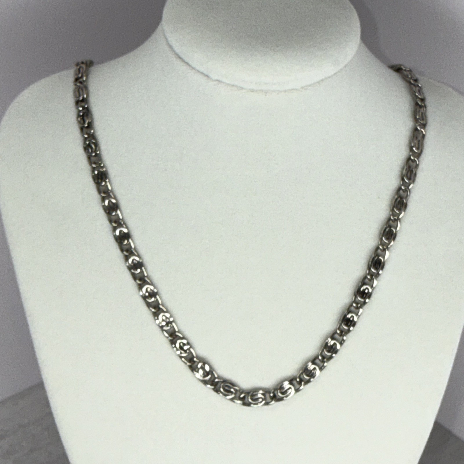 Silver Tone Metal Chain Necklace, Byzantine Chain Link Style, No Gemstones