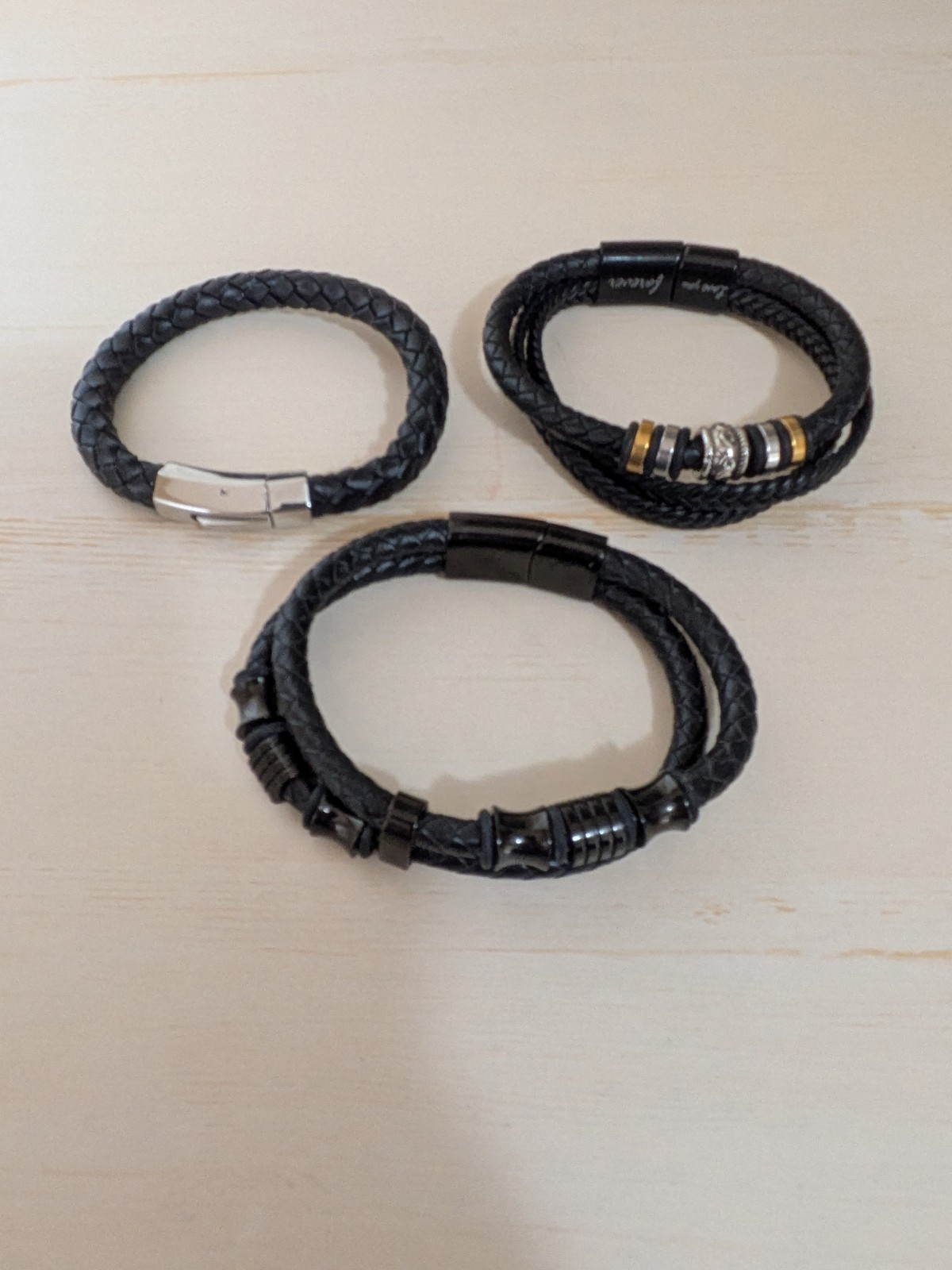 Men’s Bracelet Braided Leather & Bead Lot of 3 Clean