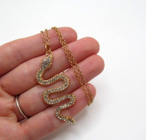 Gold Tone Crystal Snake Serpent Pendant on Oval Link Chain Necklace 19 Inch